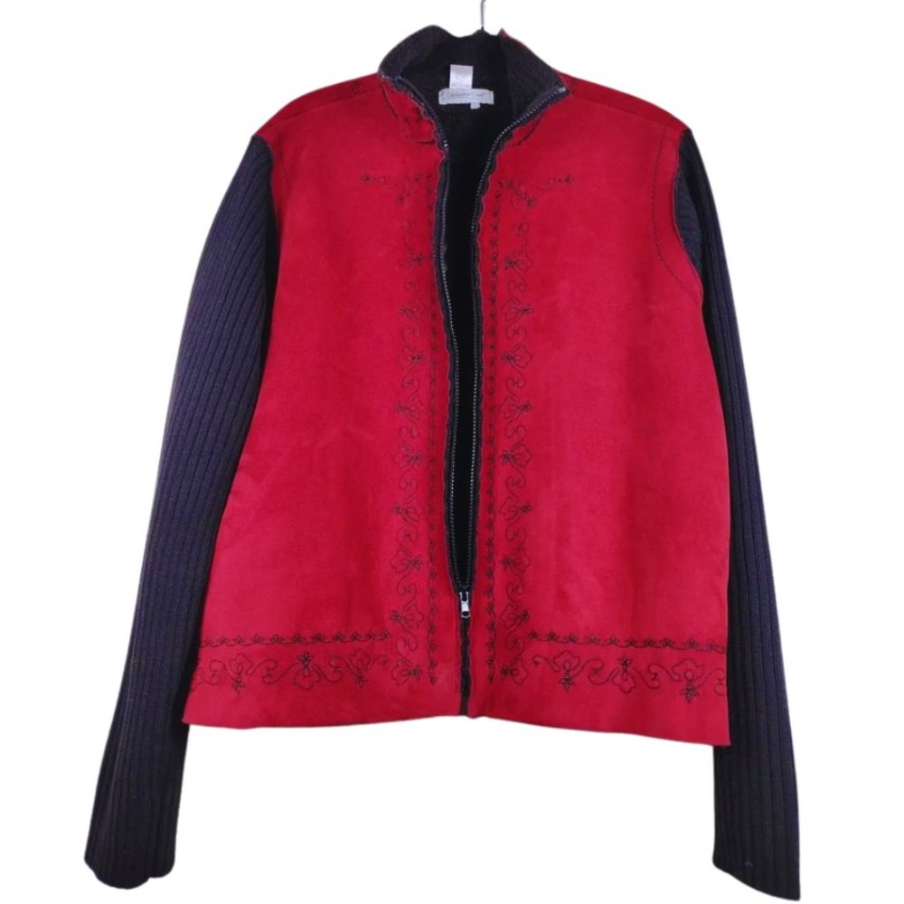 Velvet Faux Leather Jacket Women's Size XL Full Zipper Two Tones Embroid…